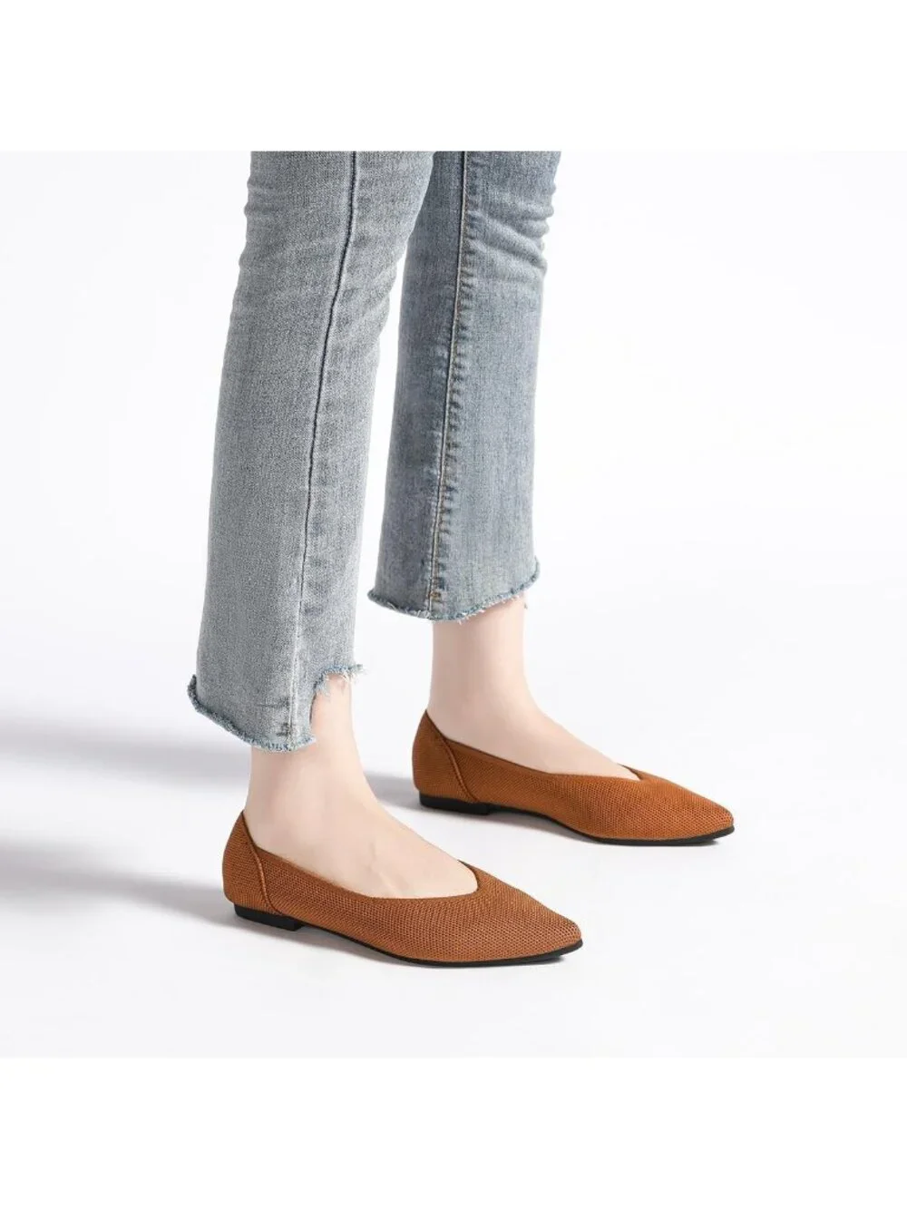 Women's Brown Ballet Flats Pointed Toe Comfortable Knit Slip Casual Shoes